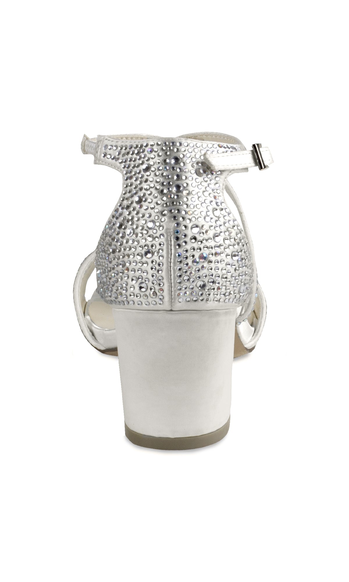 Rear view of the Ines Ivory Satin Prom Shoes by Paradox London (P2224), featuring open-toe design, small rhinestones, and a chic buckle ankle strap.